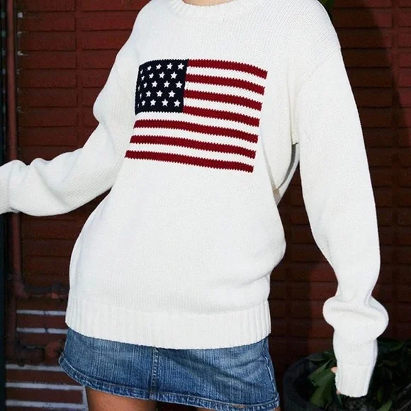 Brandy Melville American Flag Knit Sweater Oversized Pullover White - Picture 7 of 8